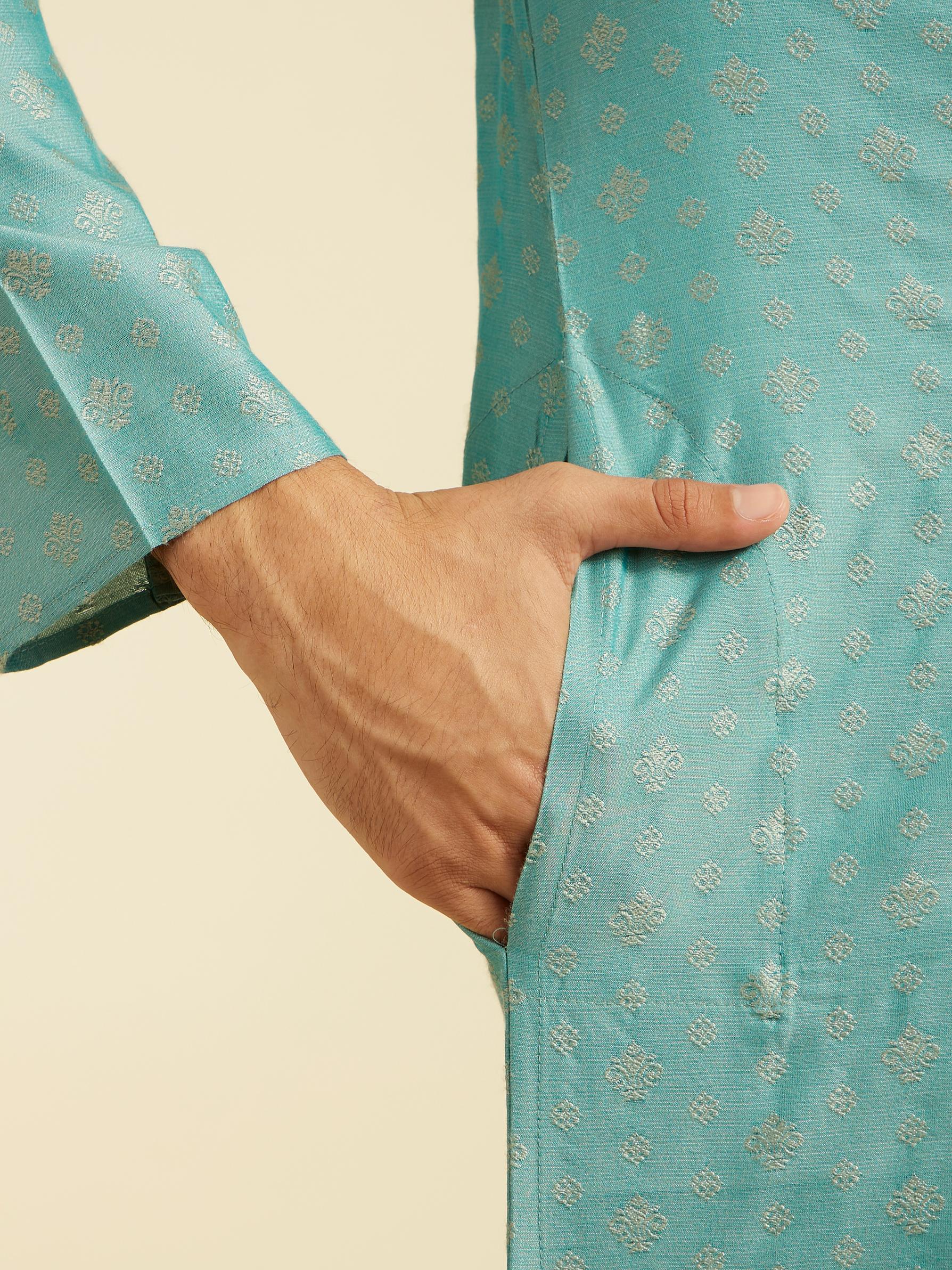 Diwas Men Aqua Green Buta Patterned Kurta with Striped Neckline