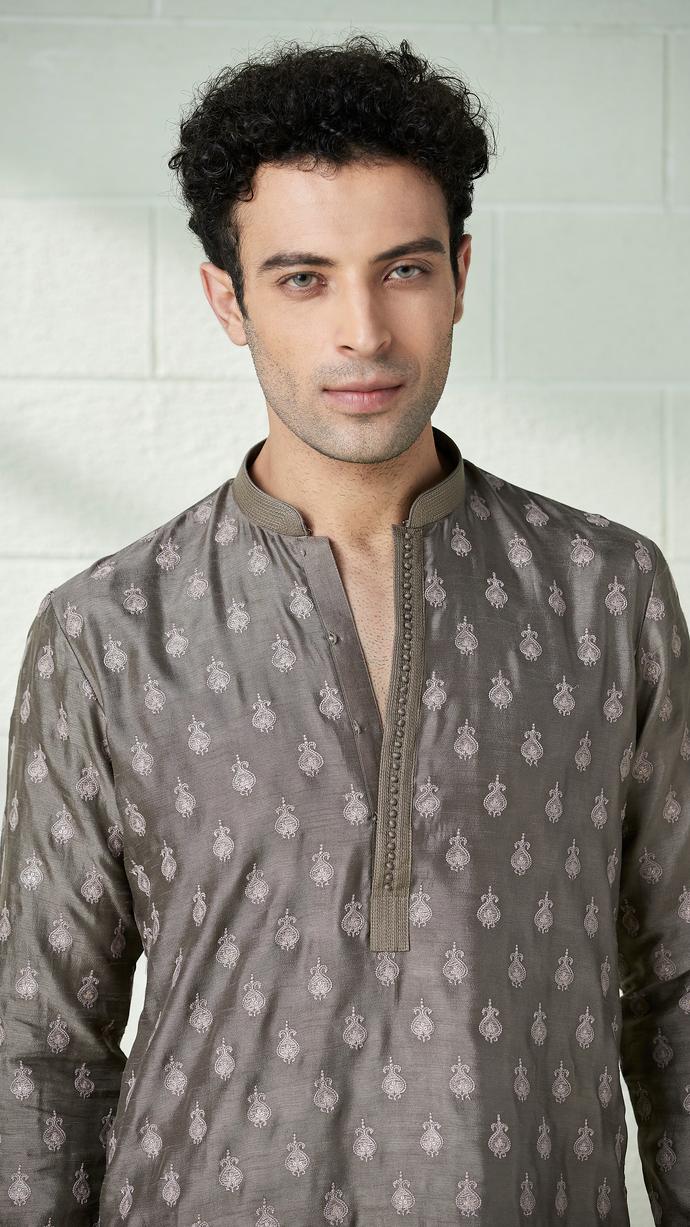 Twamev Men Taupe Grey Motif Kurta Set