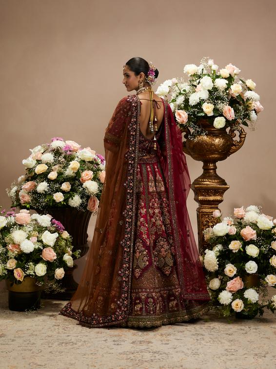 Twamev Women Maroon Red Jhallar Patterned Lehenga with Floral, Elephant Motifs And Sequin Work
