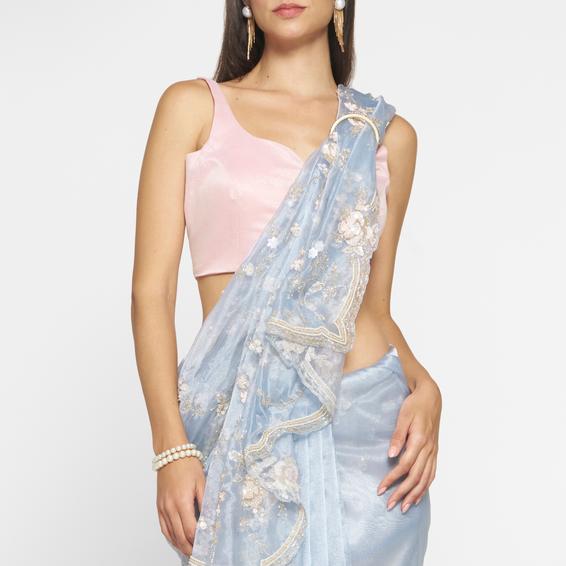 Twamev Women Twinkling Light Blue Tissue Saree