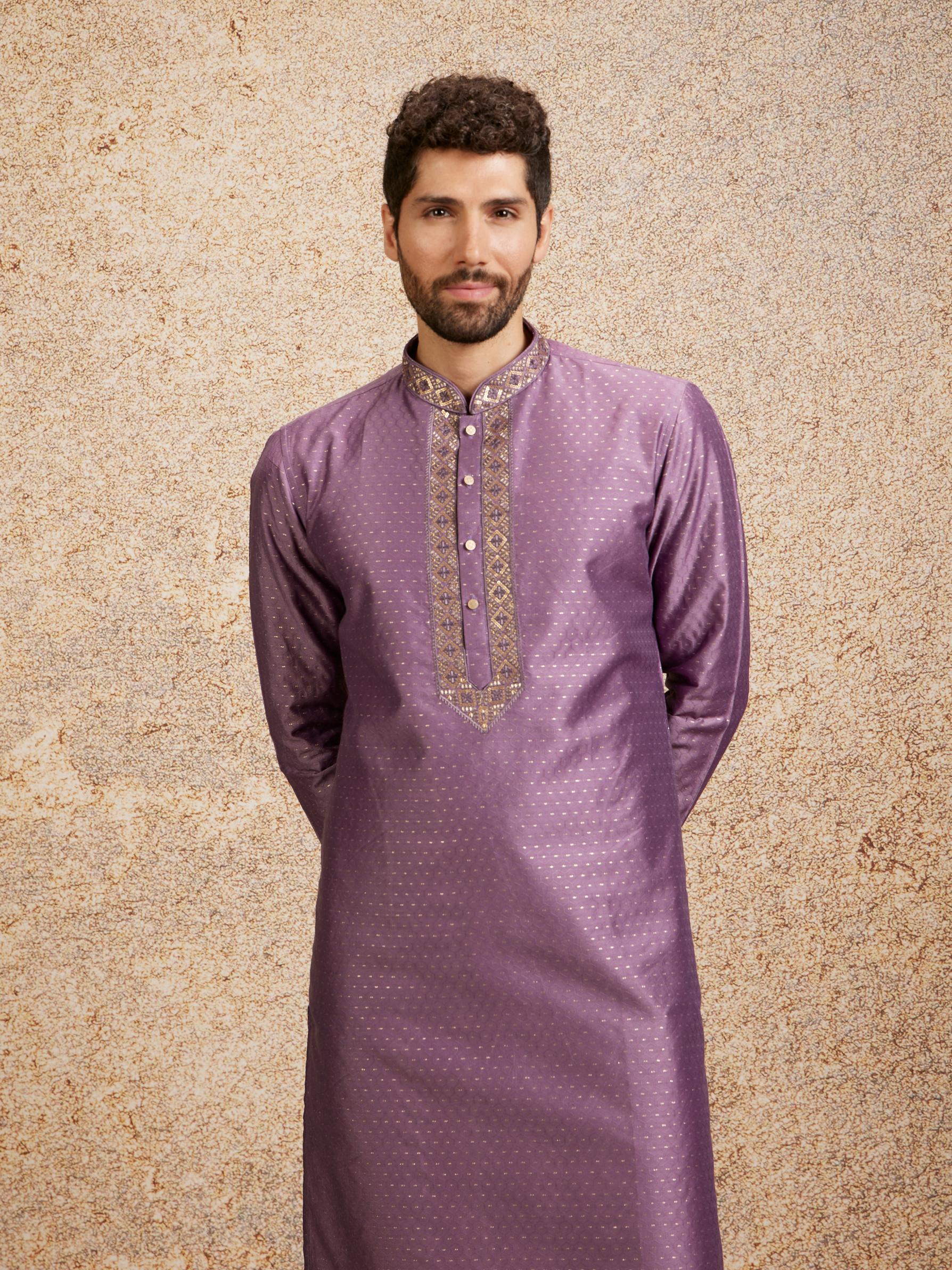 Twamev Men Lilac Embroidered Kurta Pajama