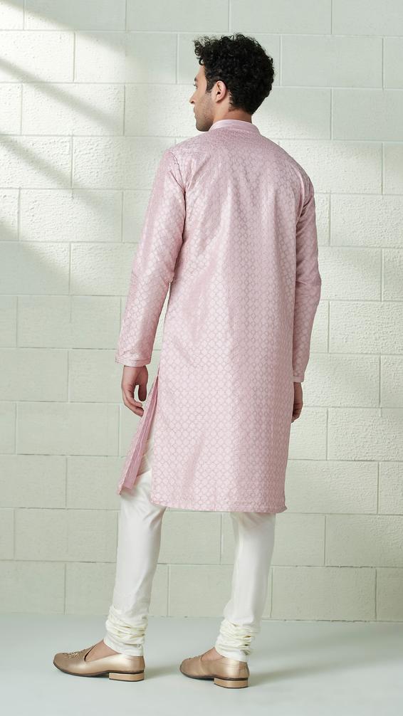Twamev Men Blush Pink Self Motif Kurta Set