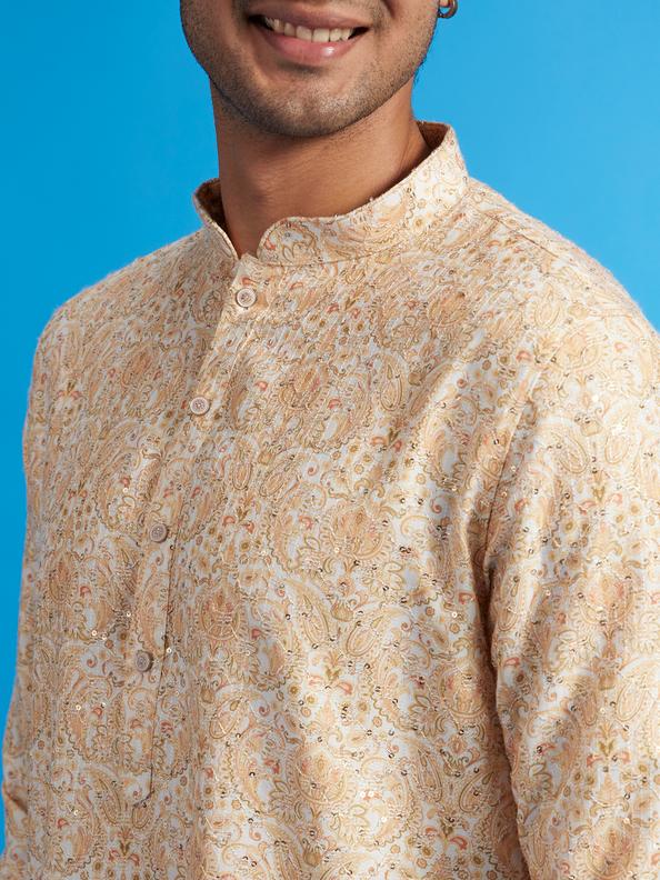 Diwas Men Primrose Yellow Paisley Patterned Kurta with Rhinestones