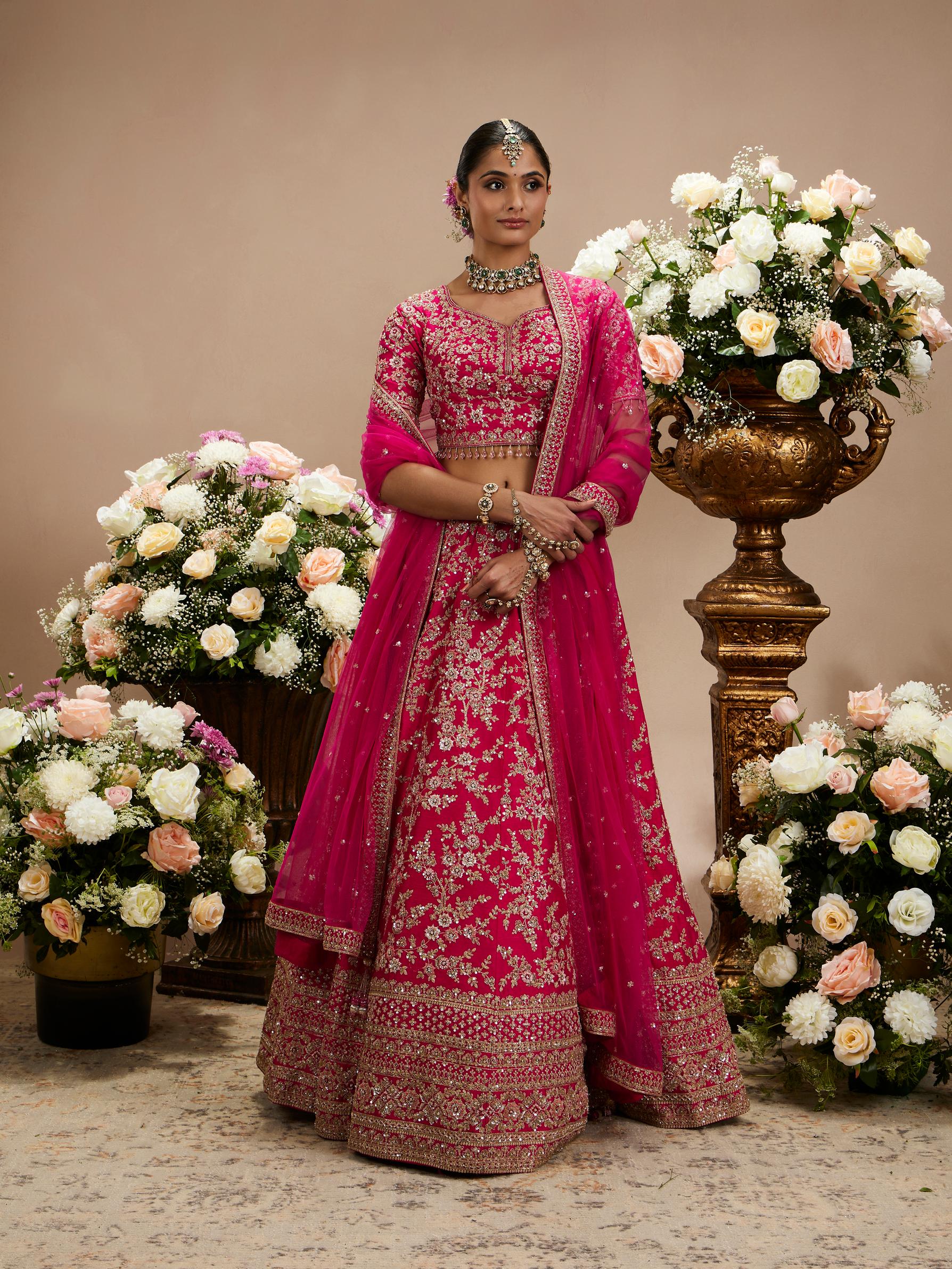 Twamev Women Rani Pink Bel Buti Embroidered Lehenga with Intricate Borders, Sequin And Stone Work