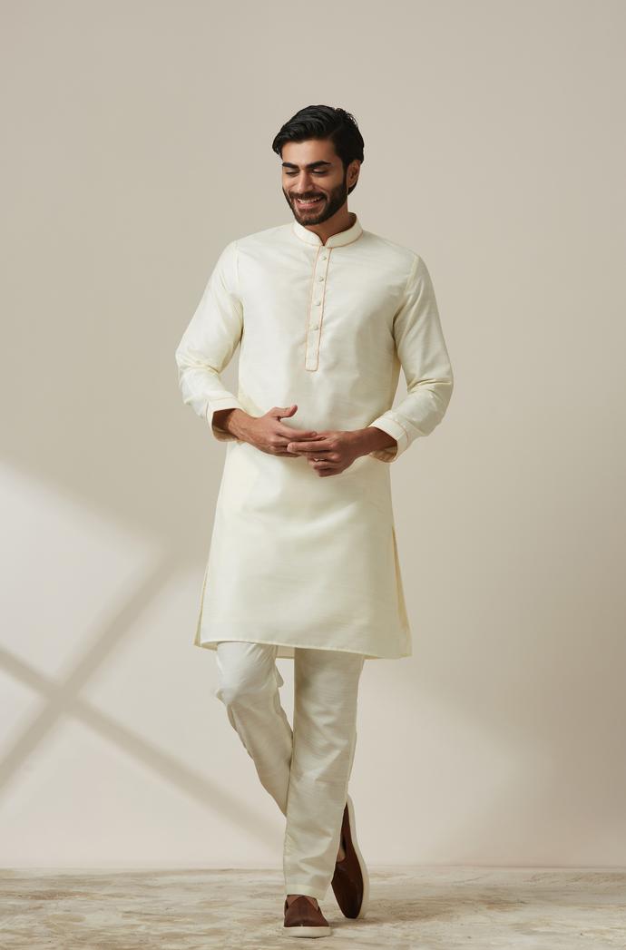 Twamev Men Sesame White Floral Kurta Jacket Set