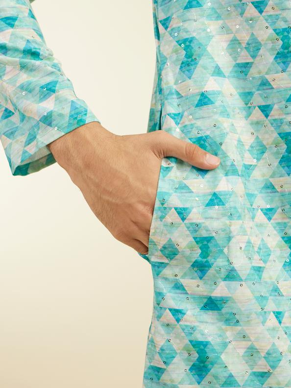 Diwas Men Aqua Green Harlequin Printed Kurta with Rhinestones