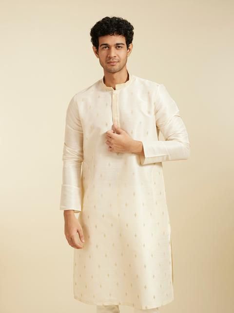 Diwas Men Cream White Buta Patterned Kurta with Sequinned Neckline