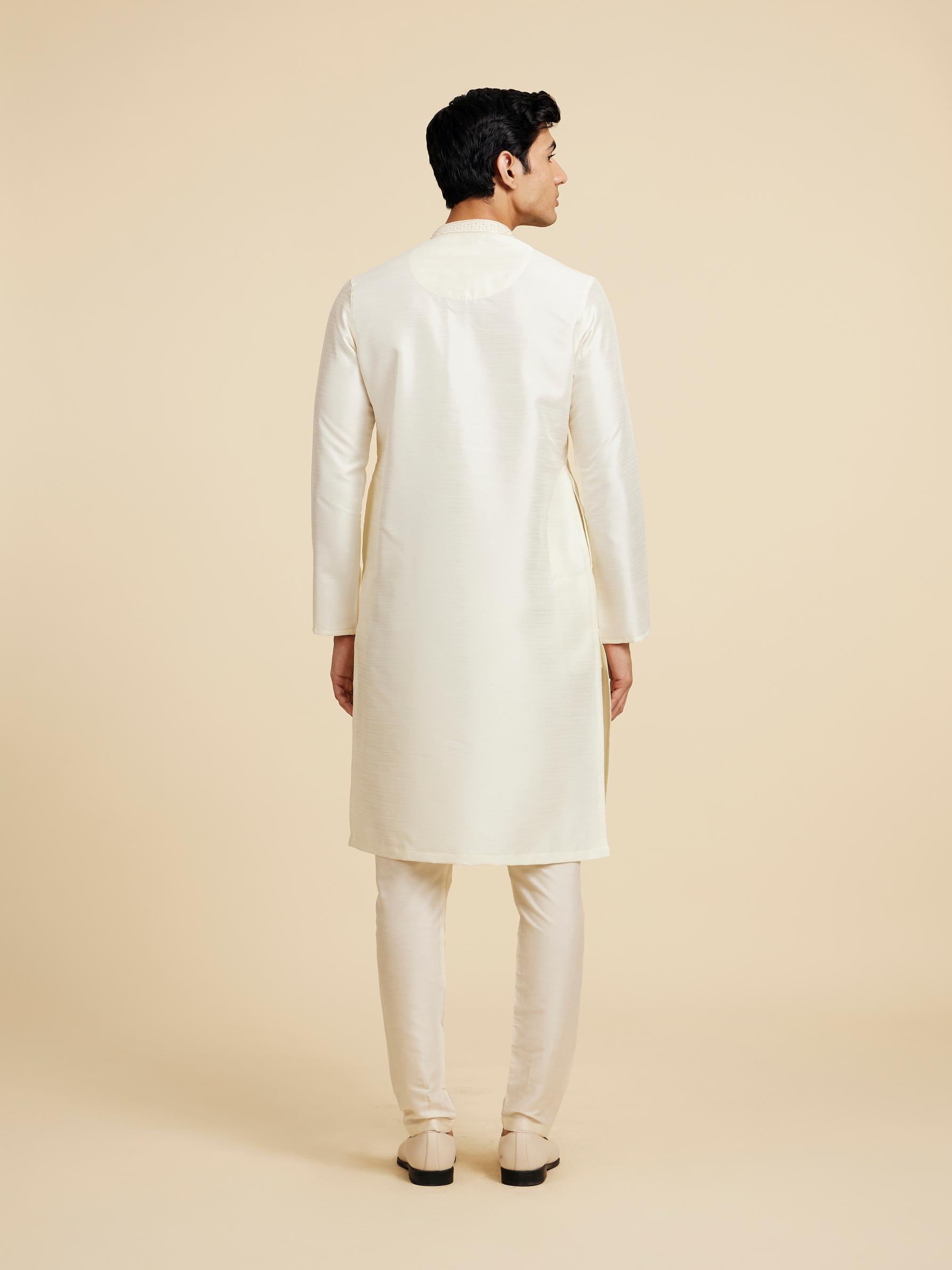 Diwas Men Cream White Plain Kurta with Rhinestone Embellished Neckline