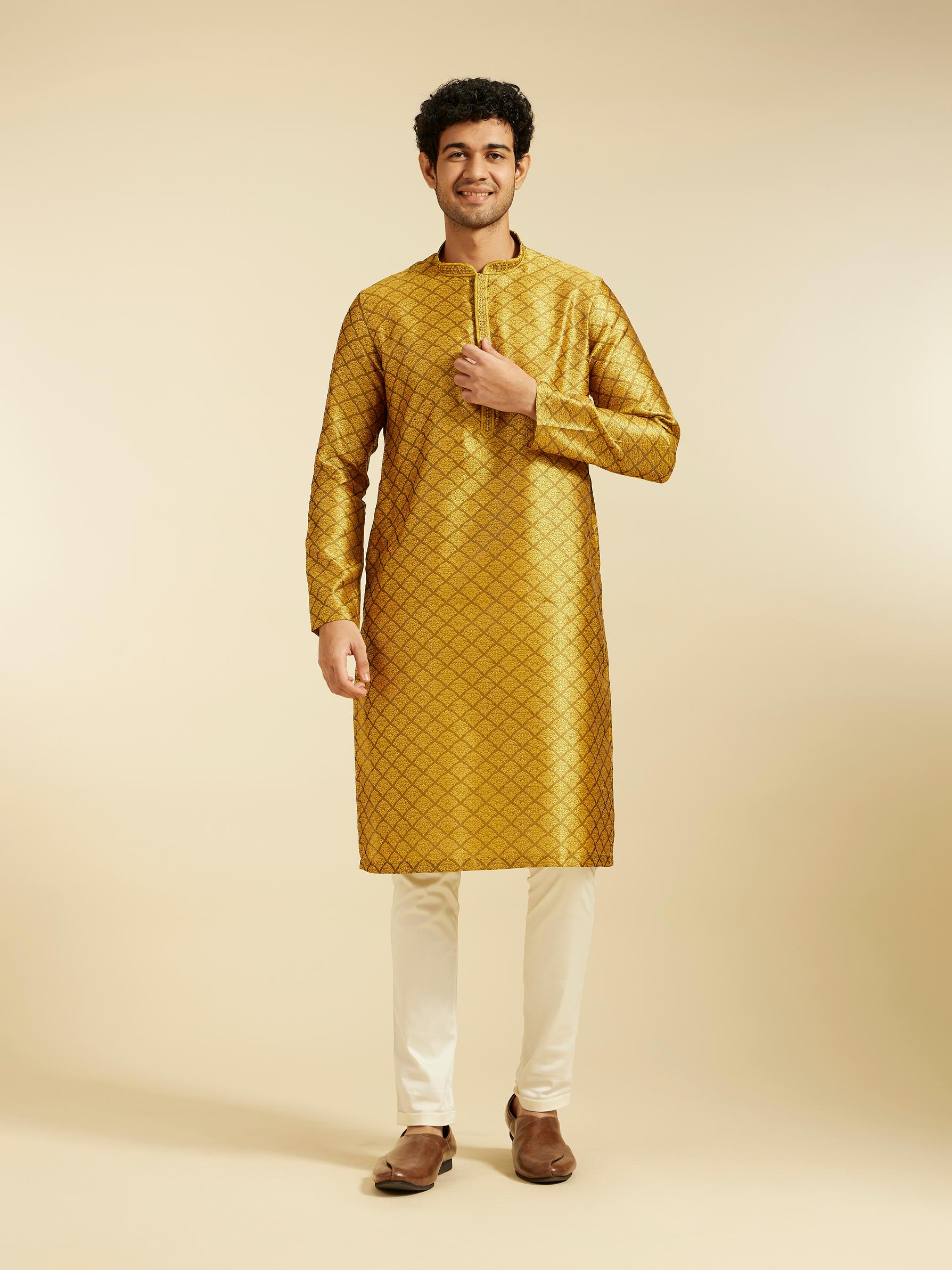 Diwas Men Mustard Yellow Jaal Patterned Kurta