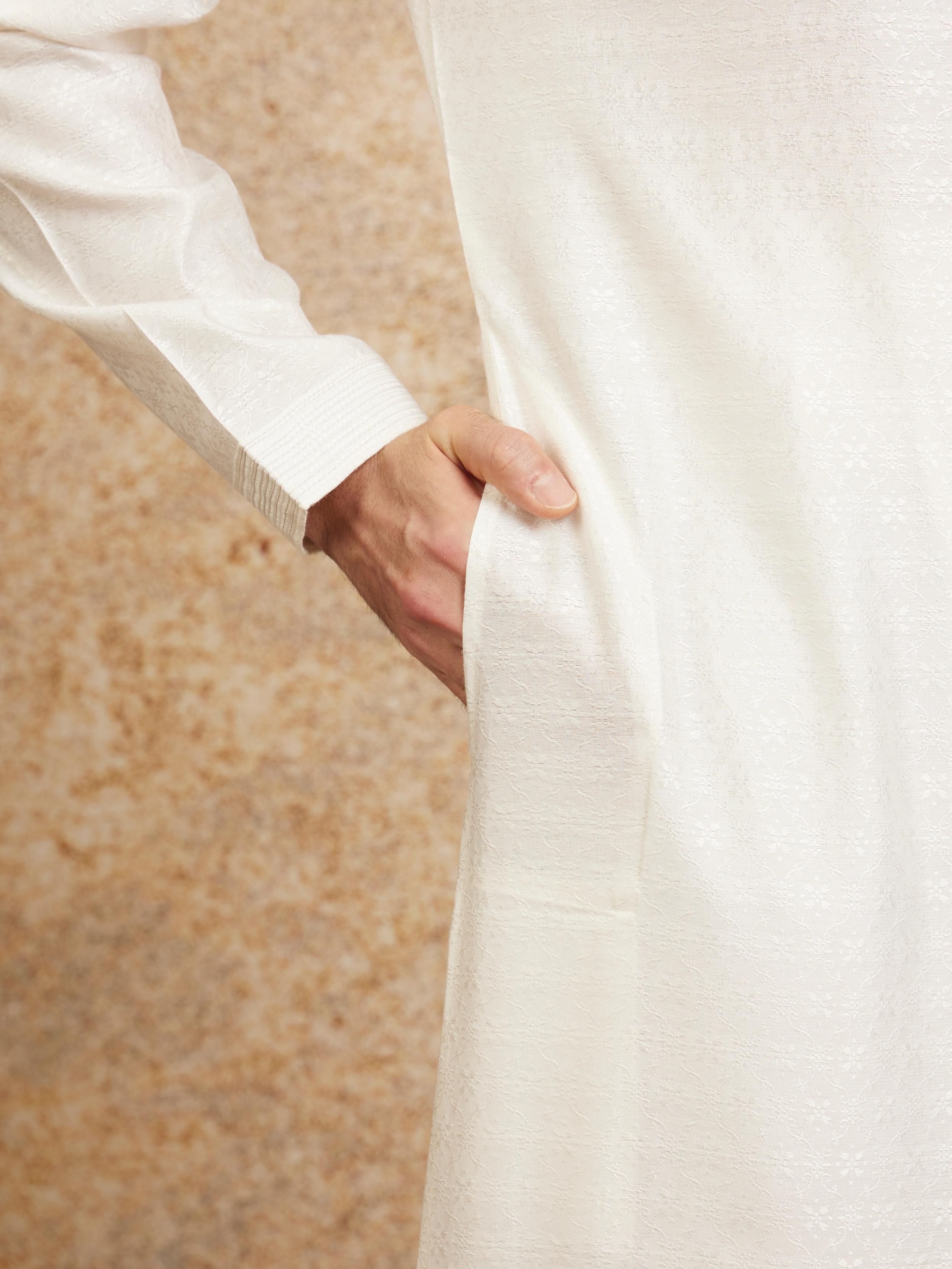 Twamev Men Embellished Warm White Kurta Pajama