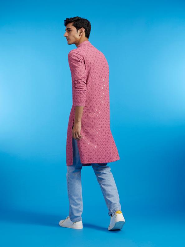 Diwas Men Dusty Pink Chikankari Kurta With Sequins
