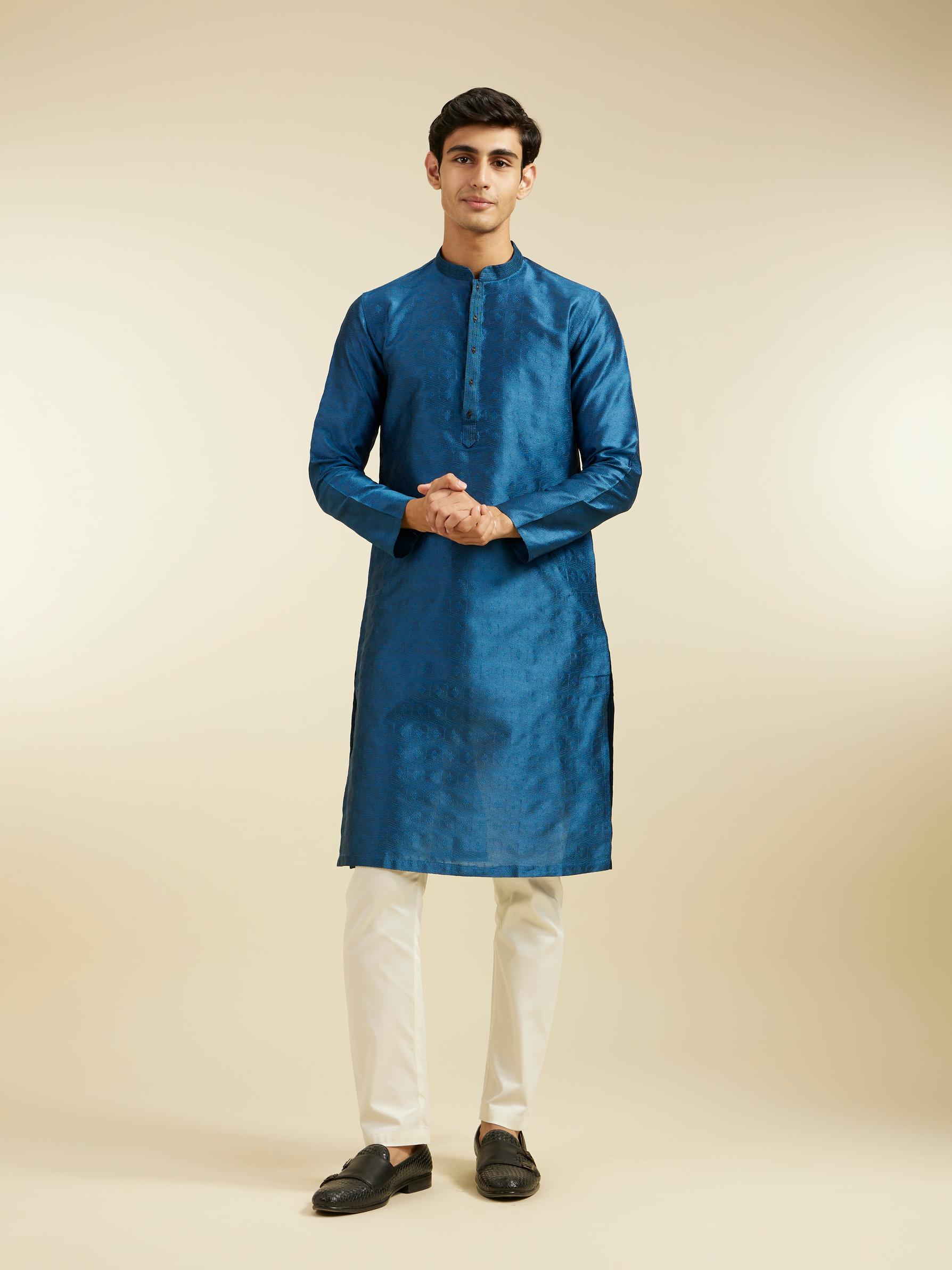 Diwas Men Teal Blue Star Self Patterned Kurta