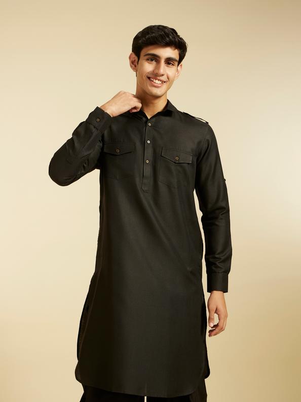 Diwas Men Midnight Black Paithani Style Kurta with Cuffed Sleeves