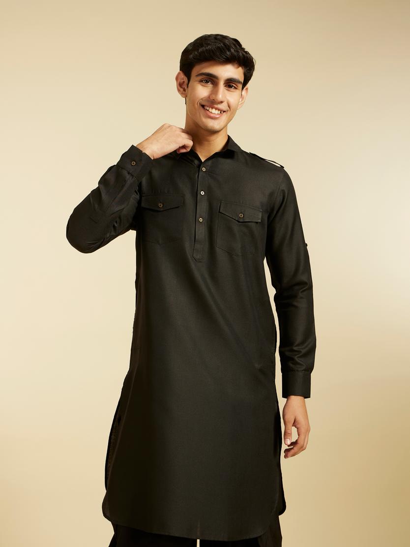 Diwas Men Midnight Black Paithani Style Kurta with Cuffed Sleeves