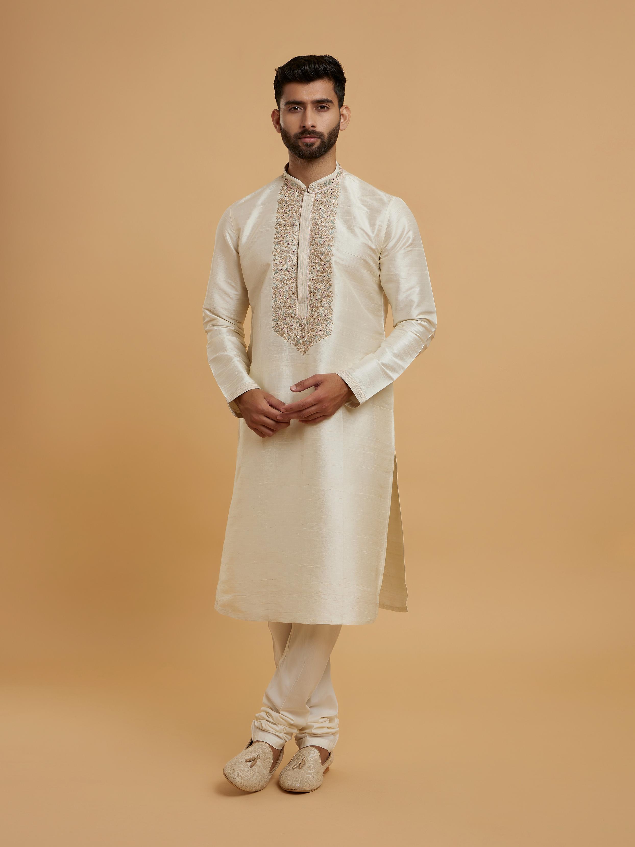 Twamev Men Beige Silk Elegance Kurta Pajama