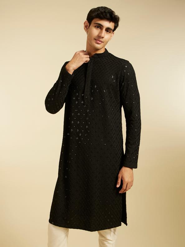 Diwas Men Midnight Black Chikankari Kurta With Sequins