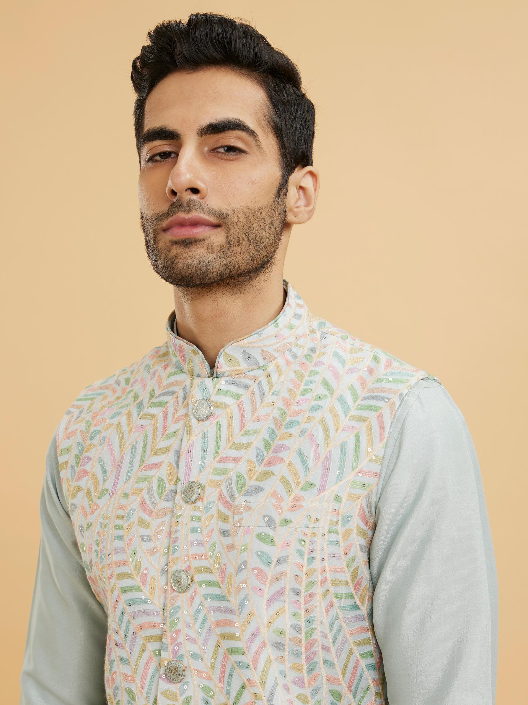 Twamev Men Ash Grey Leaf Patterned Jacket Set with Sequin Work