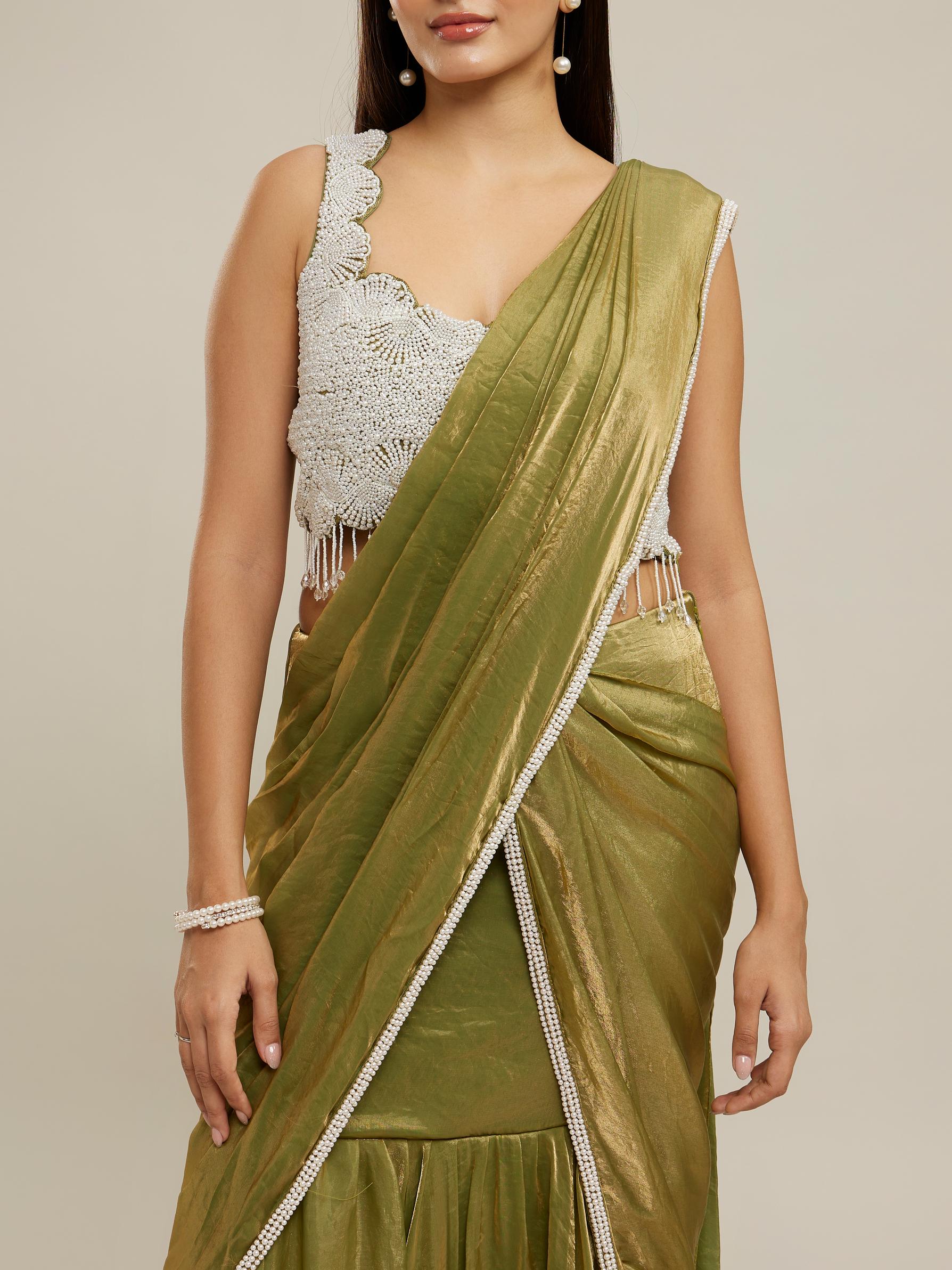 Twamev Women Majestic Mehandi Green Tissue Saree