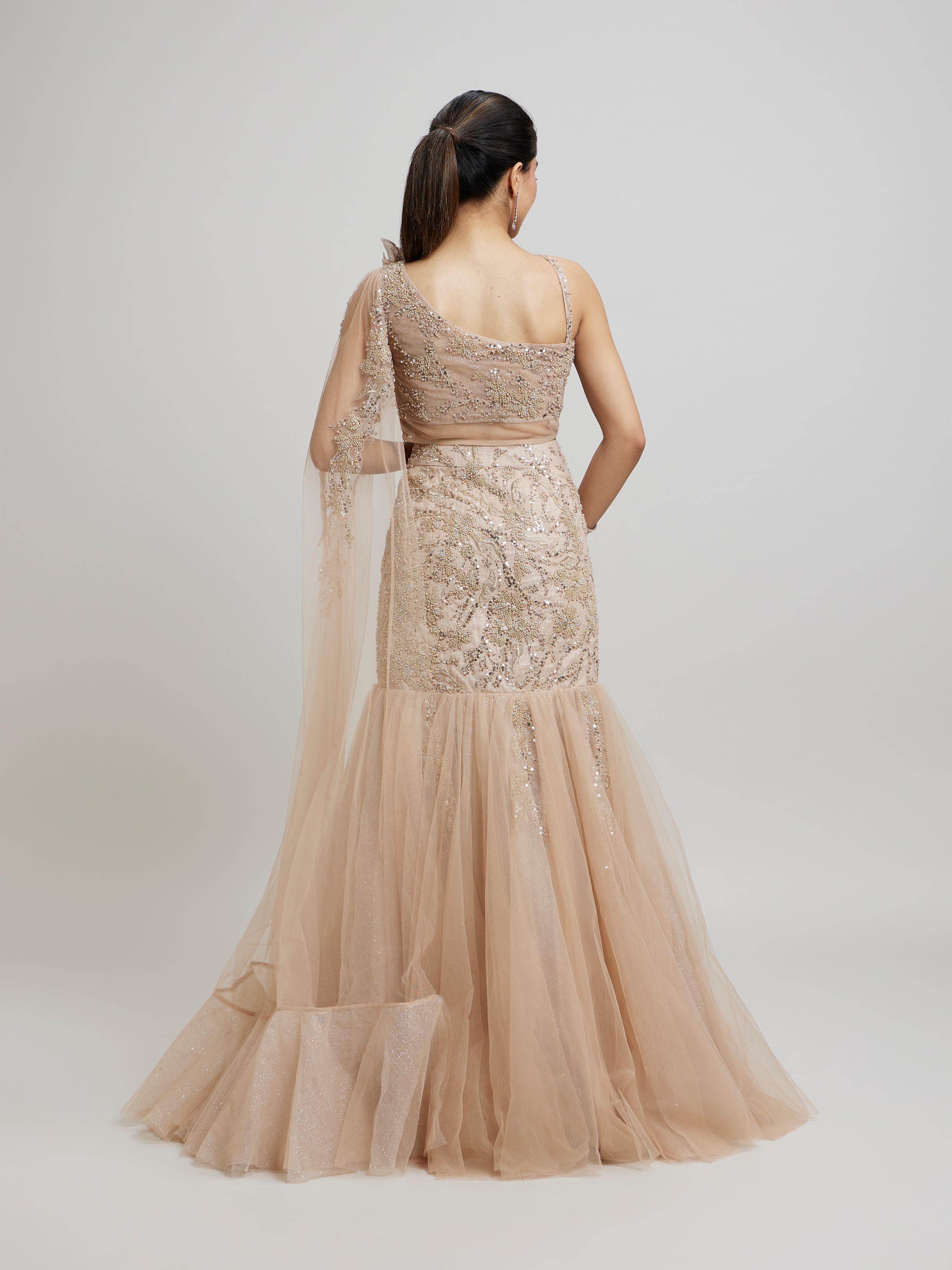 Twamev Women Beige Elegance Net Lehenga