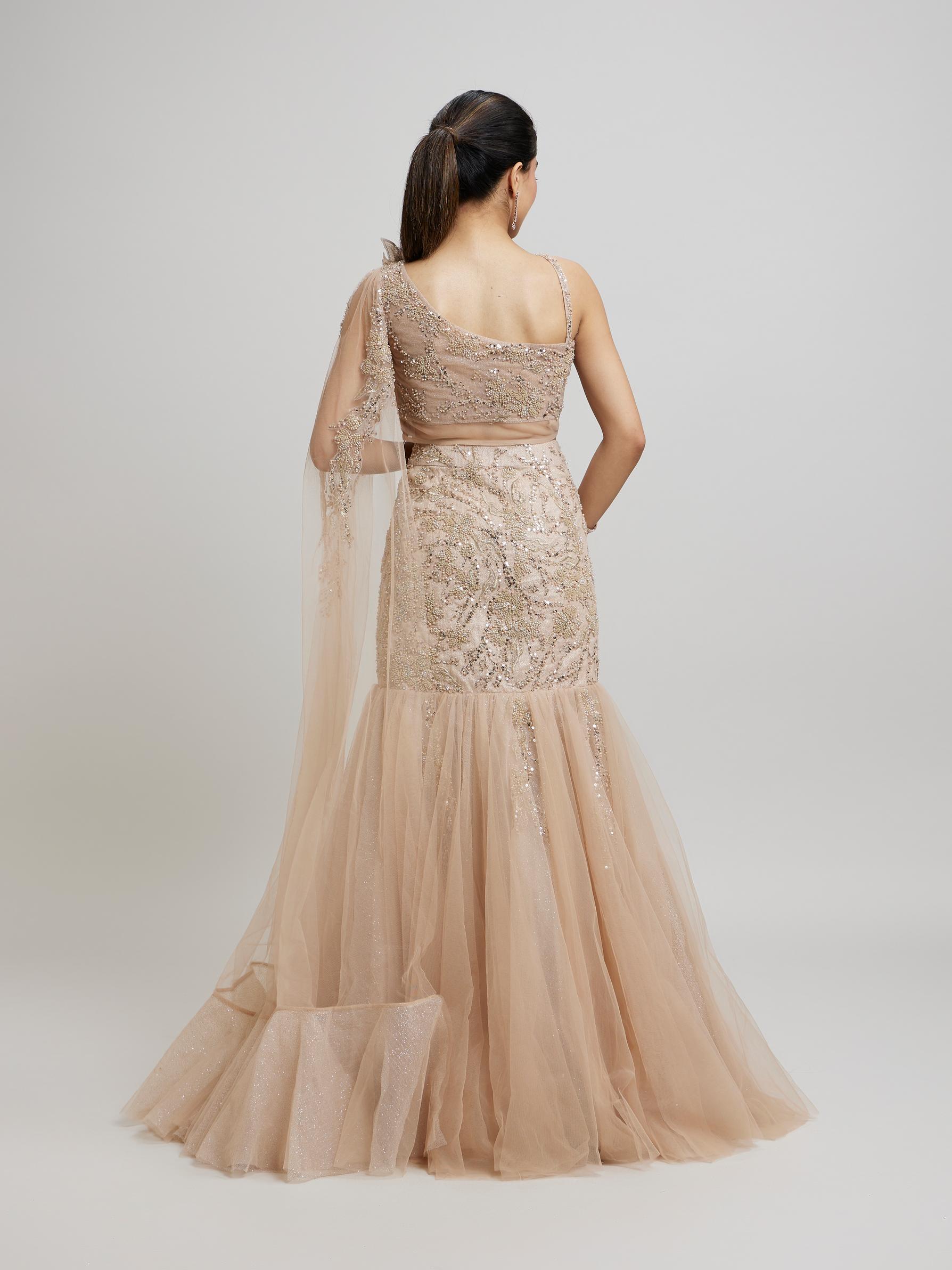 Twamev Women Beige Elegance Net Lehenga