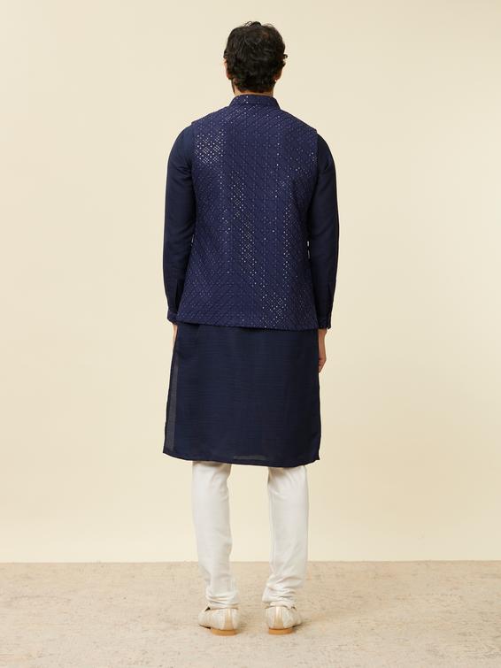Twamev Men Dark Blue Mirror work Kurta Jacket Set