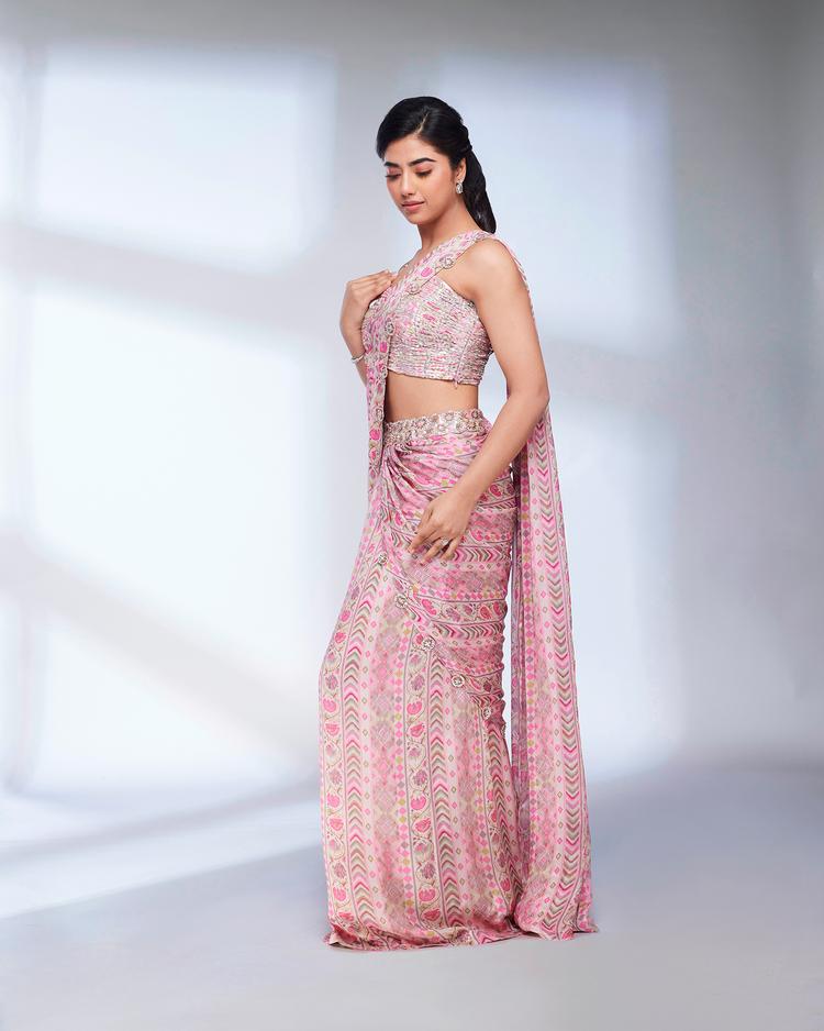 Twamev Women Pink Floral and Chevron Printed Sequined Draped Saree