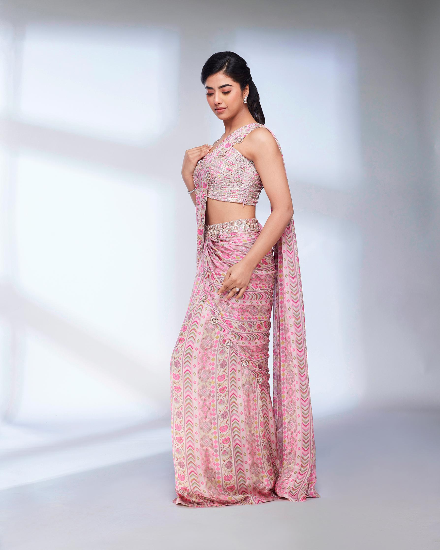 Twamev Women Pink Floral and Chevron Printed Sequined Draped Saree