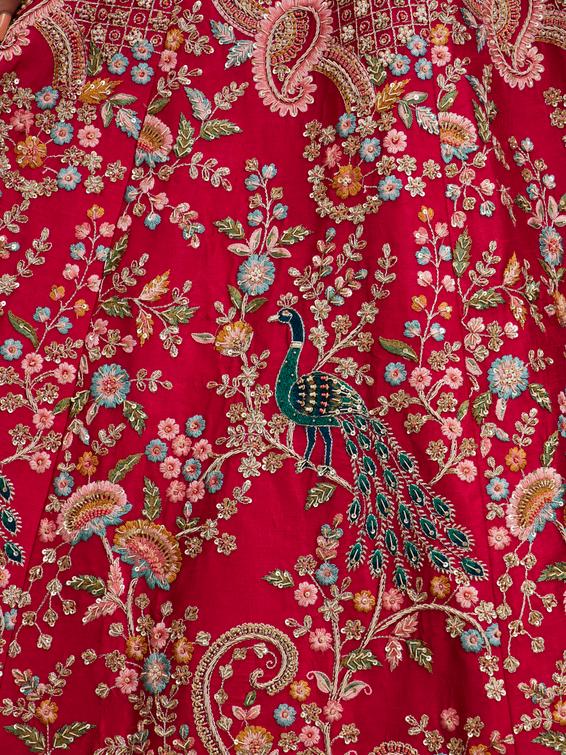 Twamev Women Carmine Red Floral Embroidered Sequinned Lehenga with Paisley And Peacock Motifs