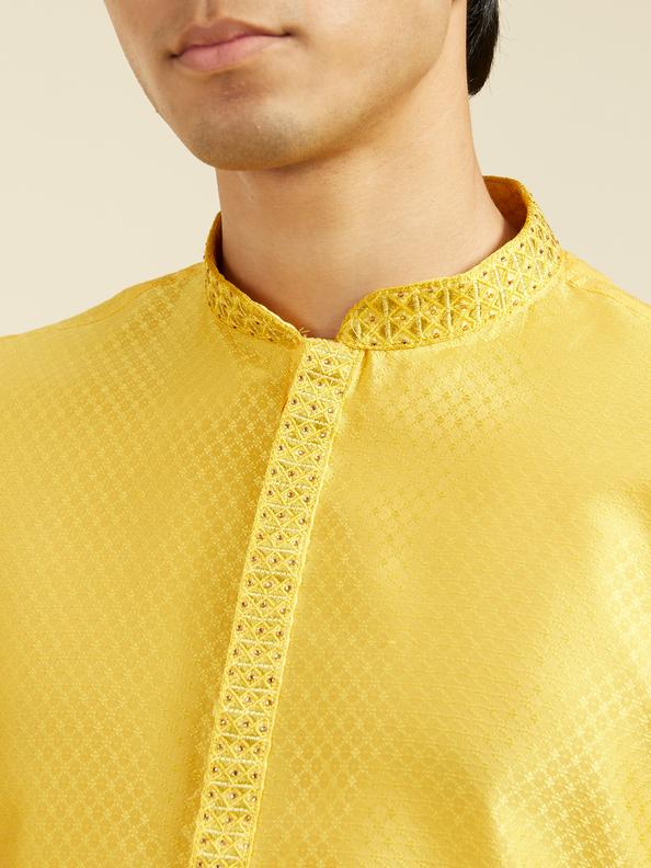 Diwas Men Sunshine Yellow Lattice Patterned Kurta with Embroidered Neckline