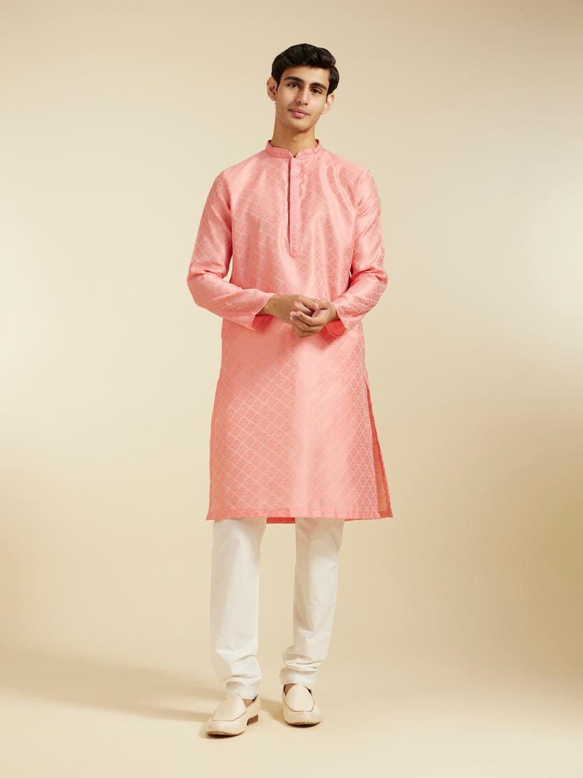 Diwas Men Flamingo Pink Jaal Patterned Kurta