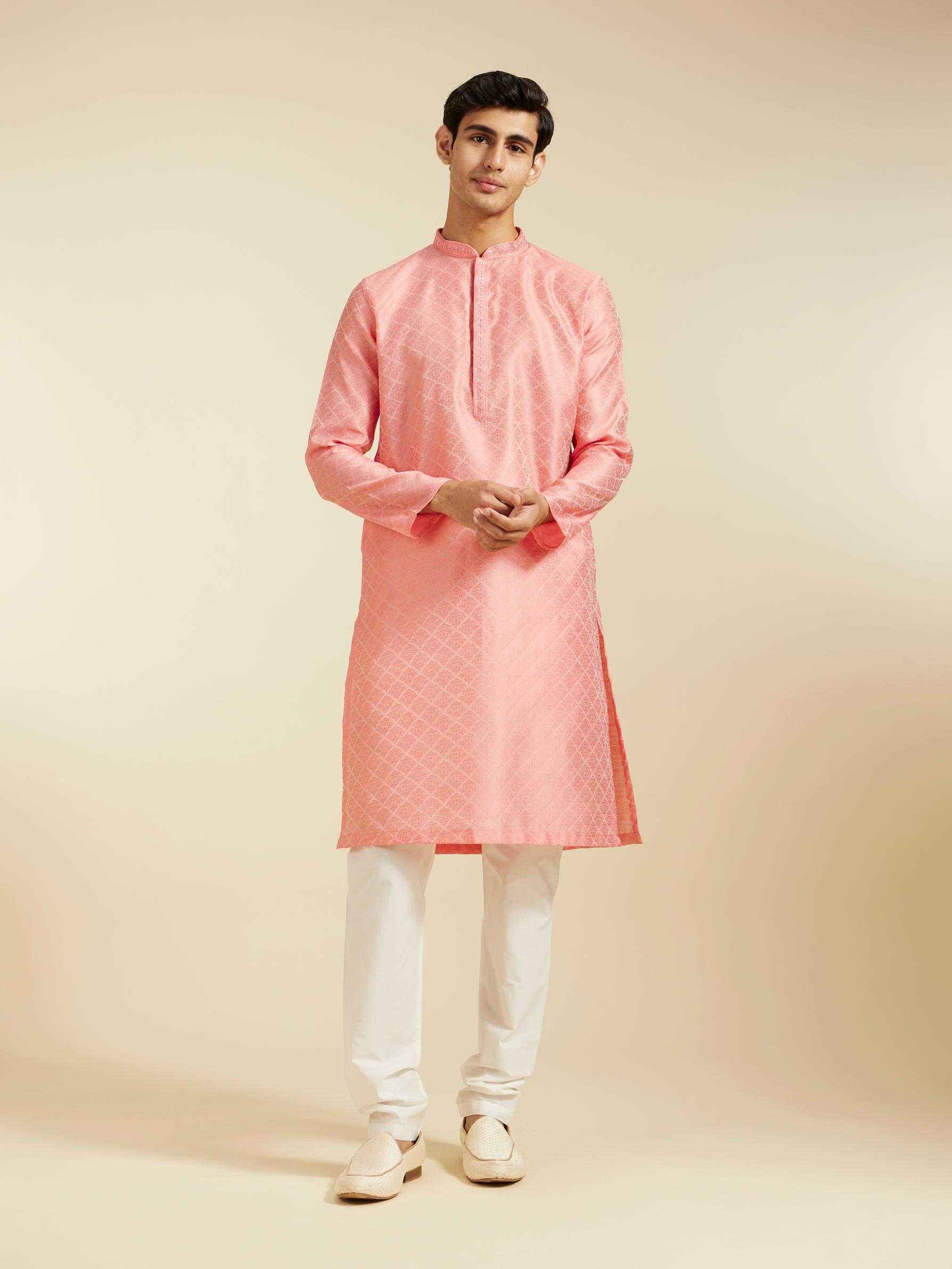 Diwas Men Flamingo Pink Jaal Patterned Kurta