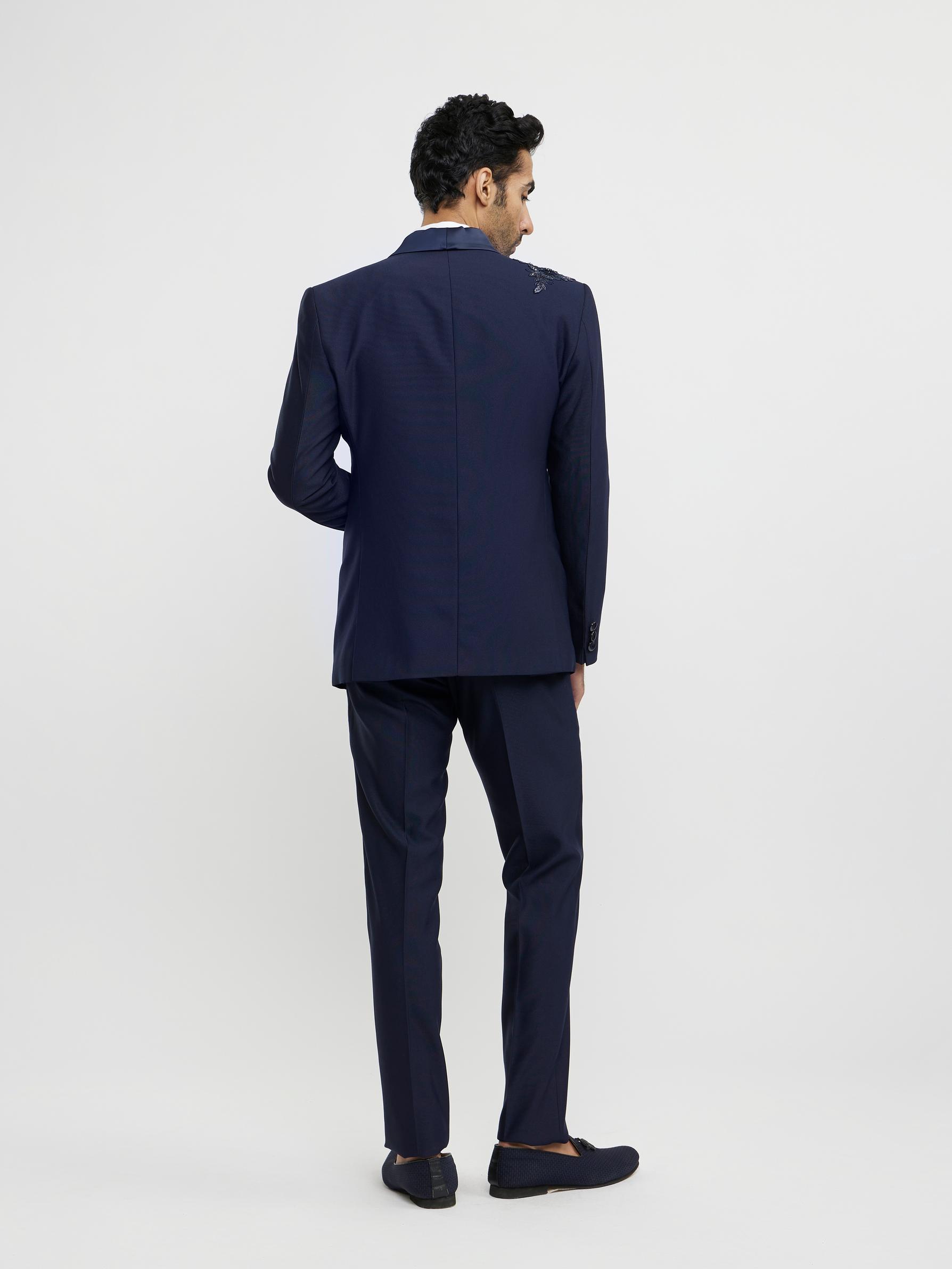 Twamev Men French Navy Blue Suit Set with Sequin Embellishment