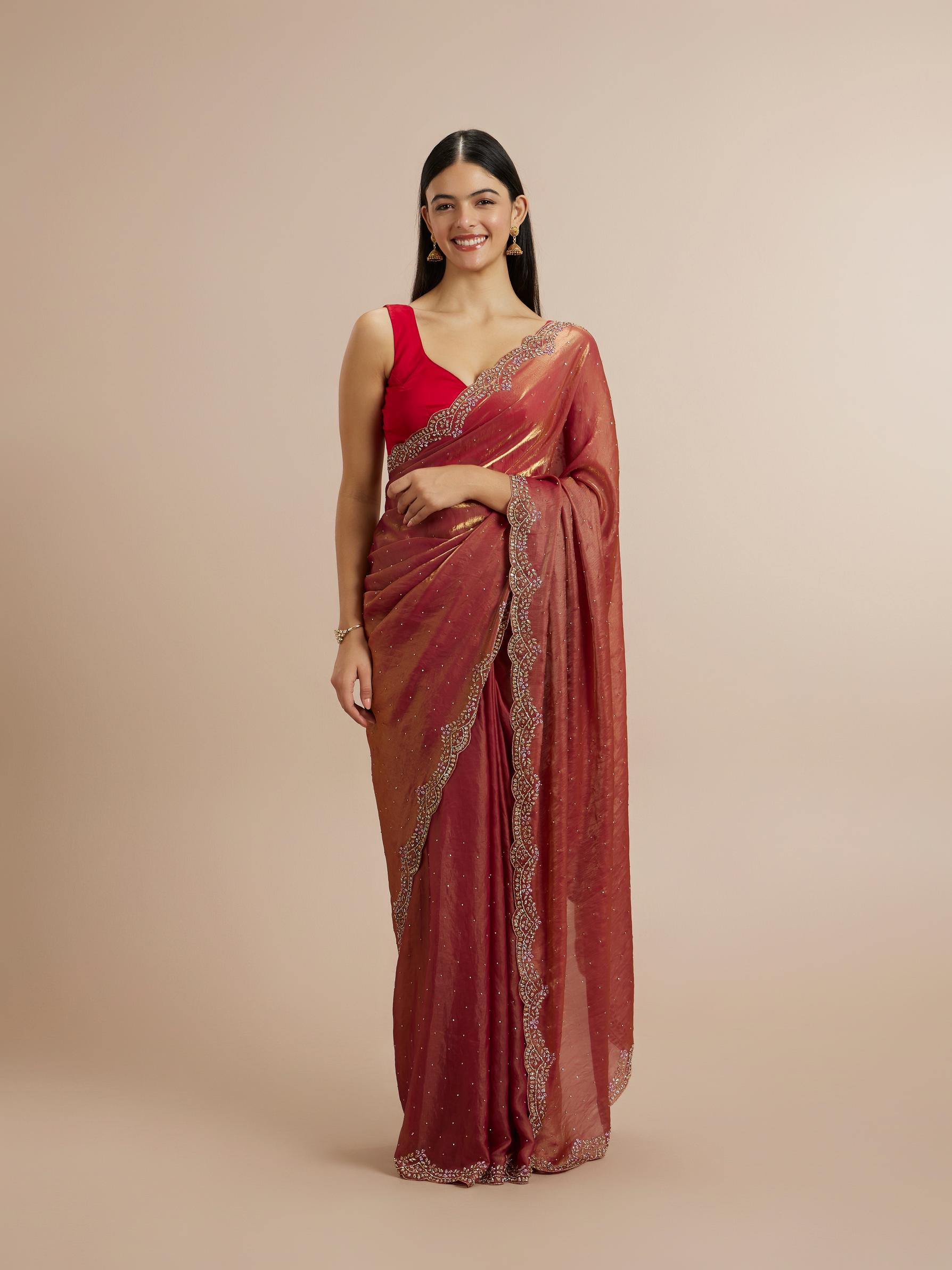 Twamev Women Radiant Rust Red Satin Saree