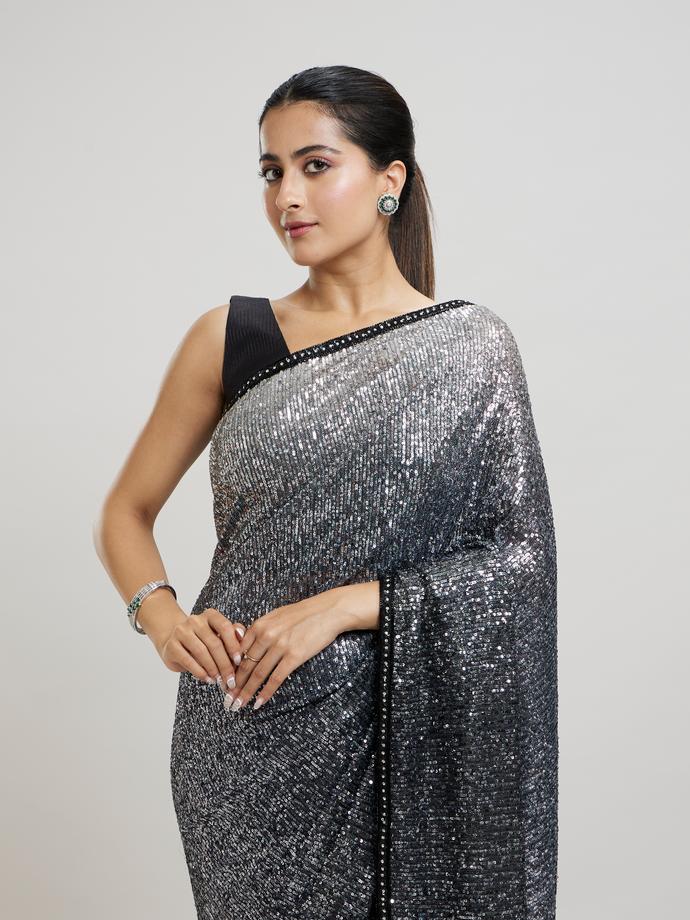 Twamev Women Enchanting Brown Sequin Saree