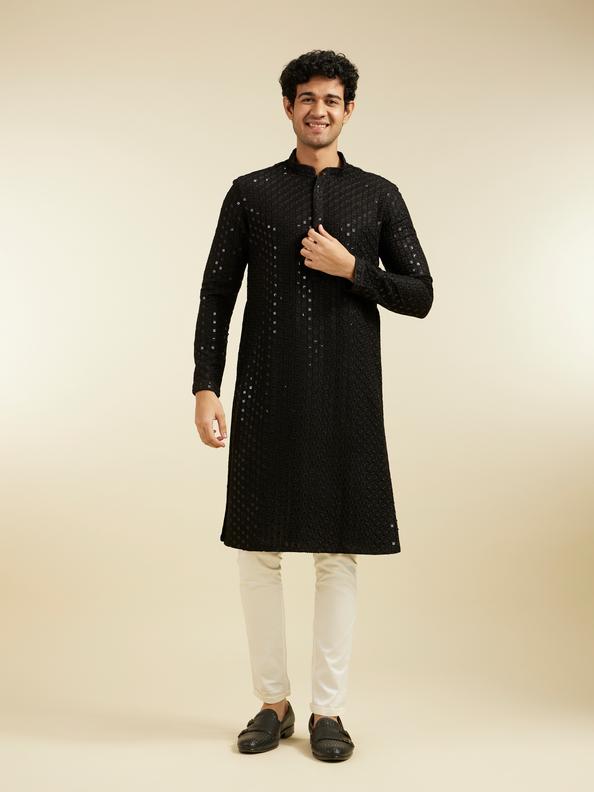 Diwas Men Ebony Black Chikankari Sequinned Kurta