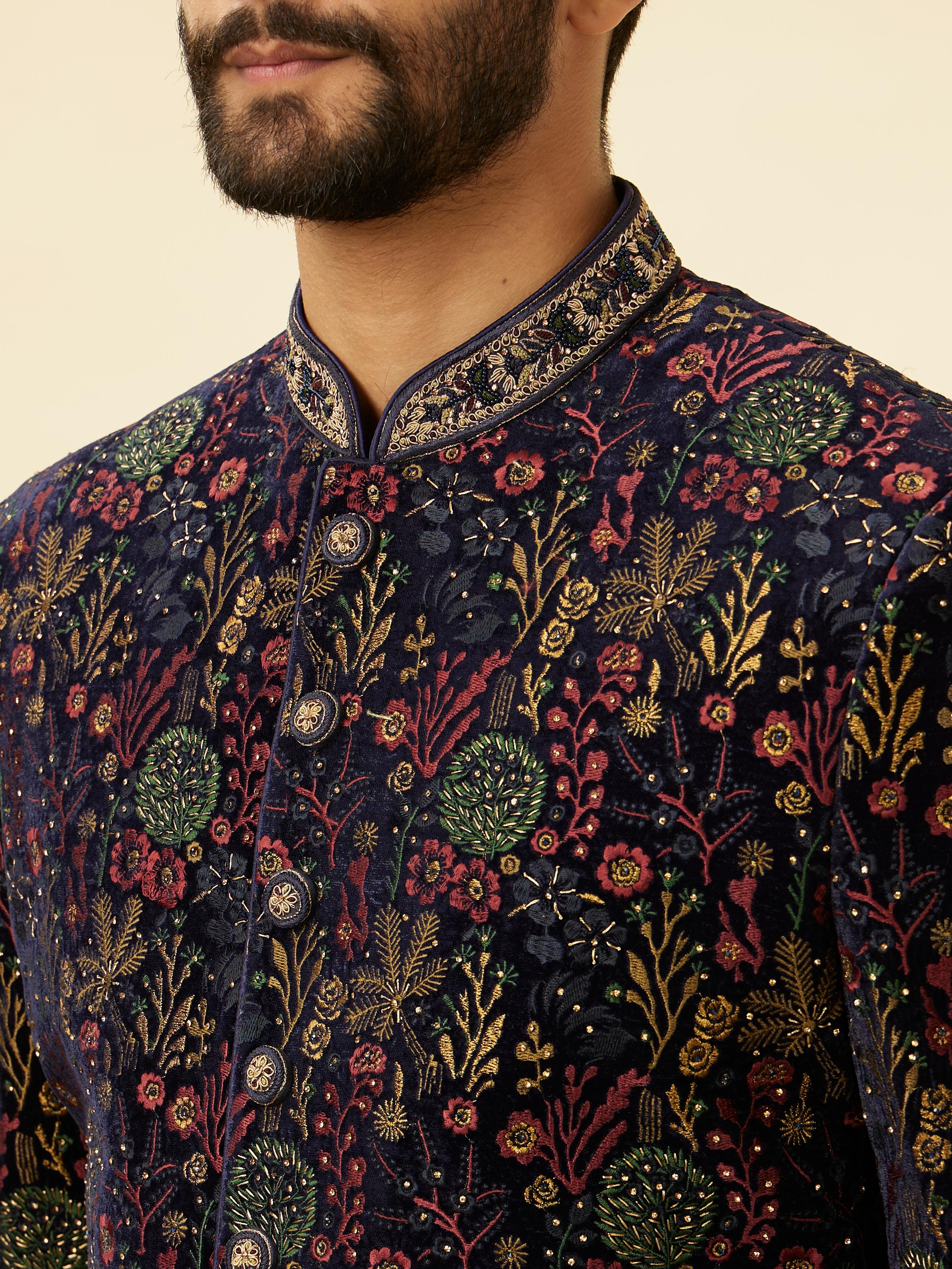Twamev Men Royal Velvet Emblazoned Blue Indo Western