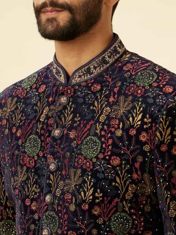 Twamev Men Royal Velvet Emblazoned Blue Indo Western