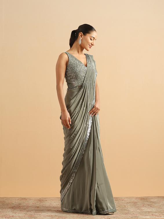 Twamev Women Sea Green Satin Party Saree