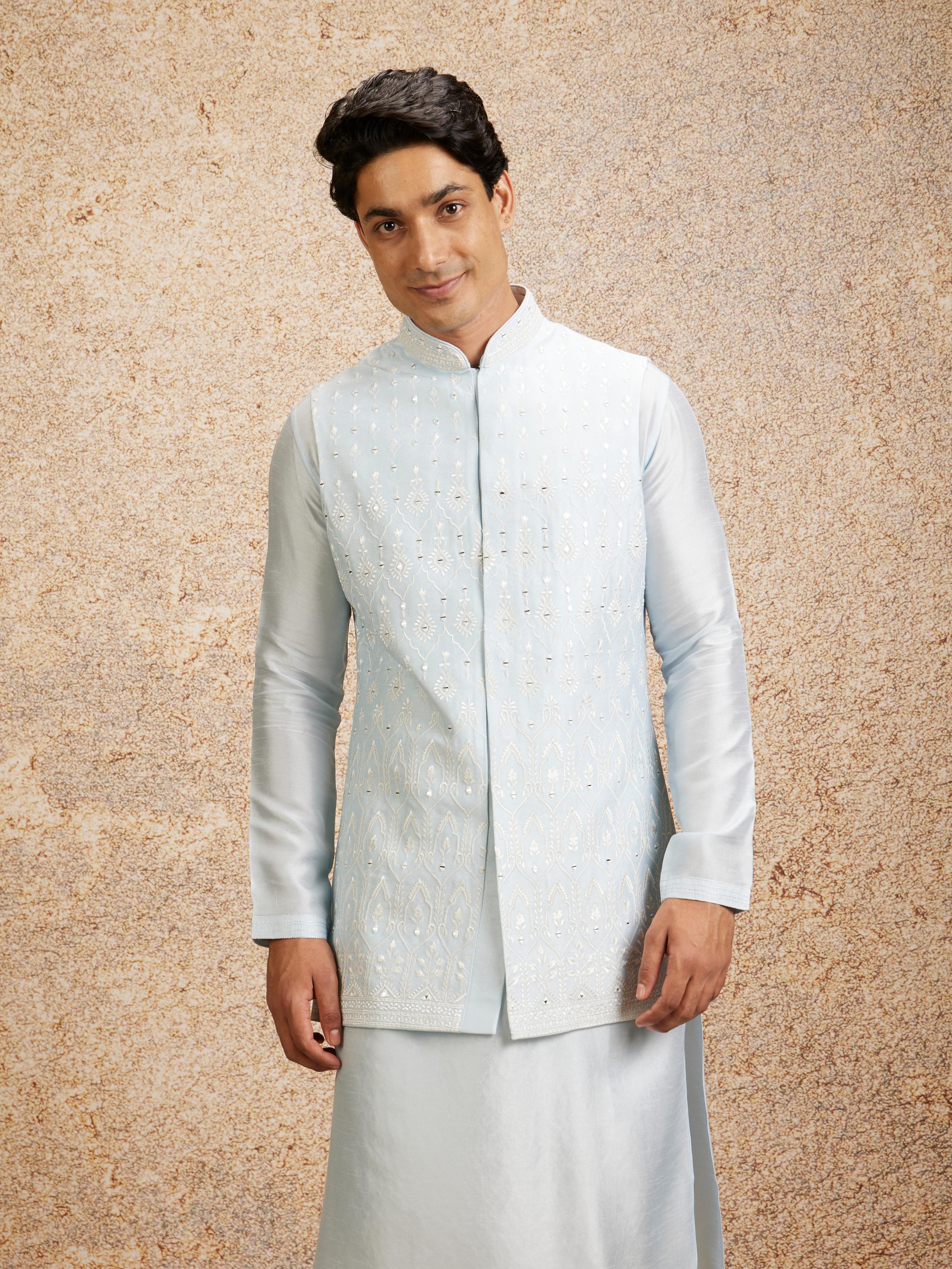 Twamev Men Glistening Light Blue Kurta Jacket Set