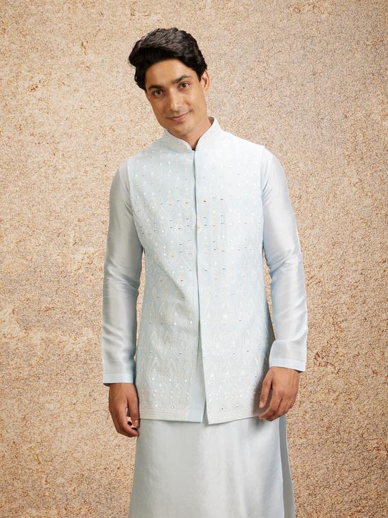 Twamev Men Glistening Light Blue Kurta Jacket Set