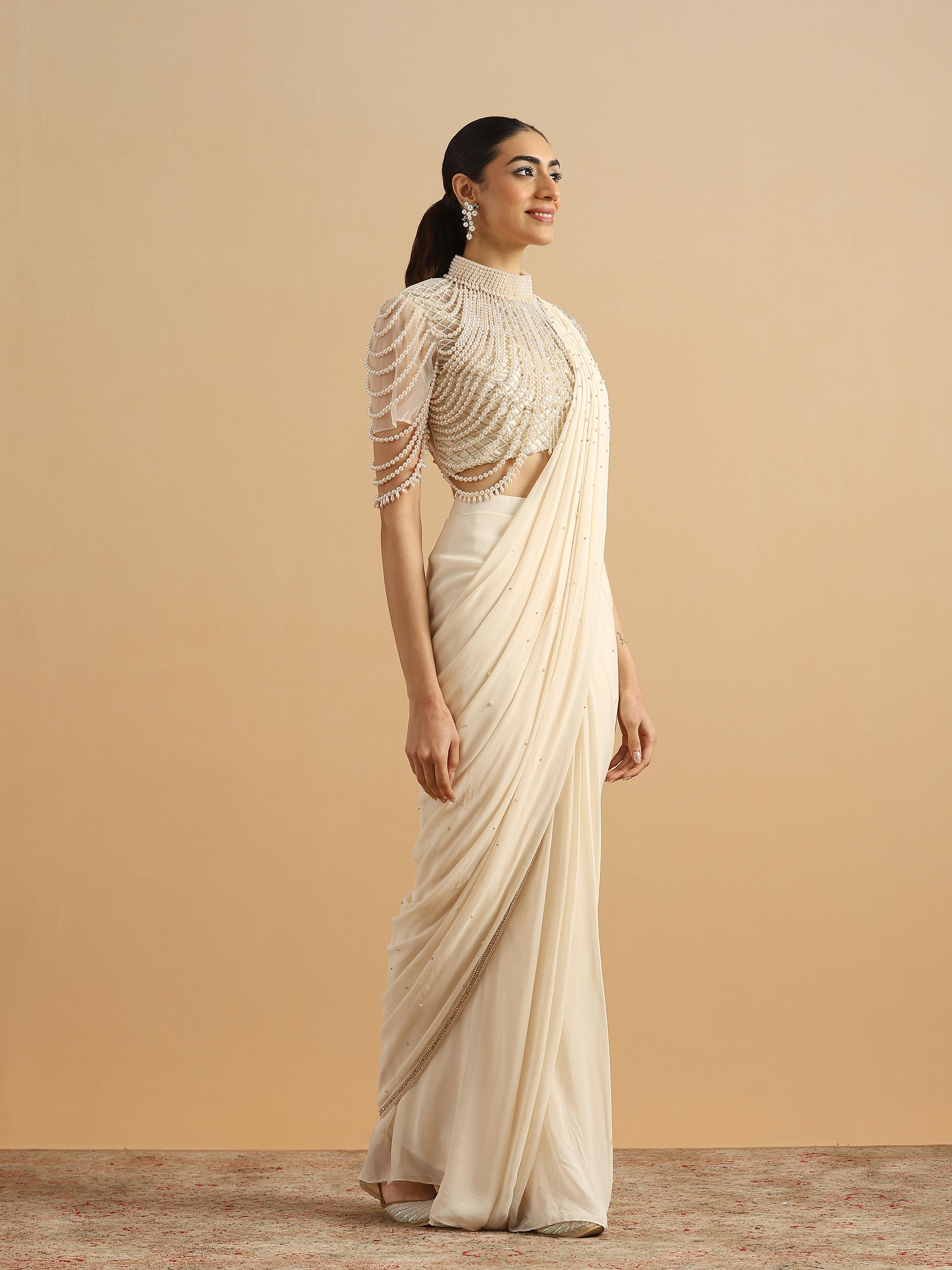 Twamev Women Cream Pearl Dream Party Saree