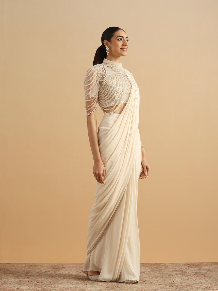 Twamev Women Cream Pearl Dream Party Saree