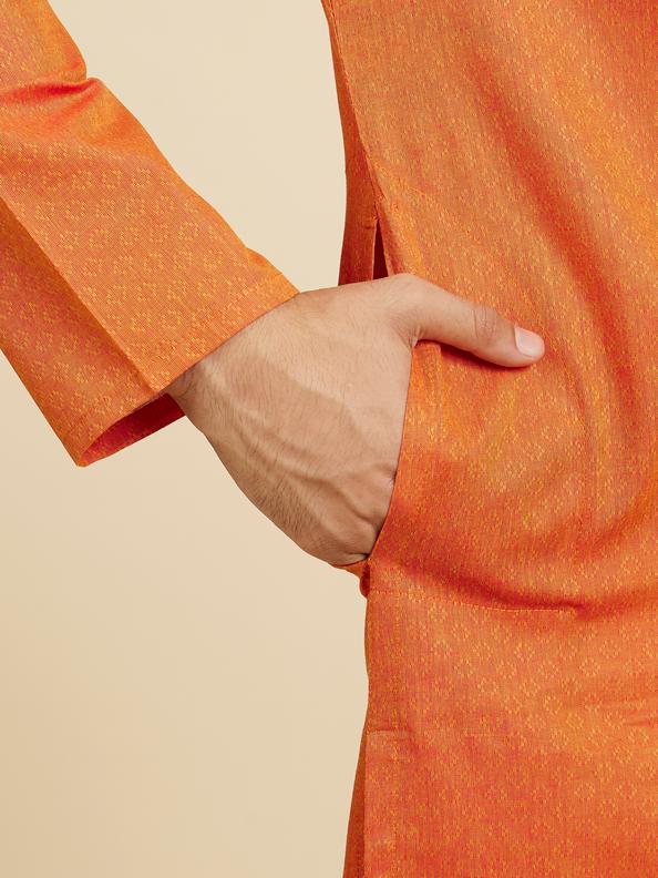 Diwas Men Pumpkin Orange Lattice Patterned Kurta
