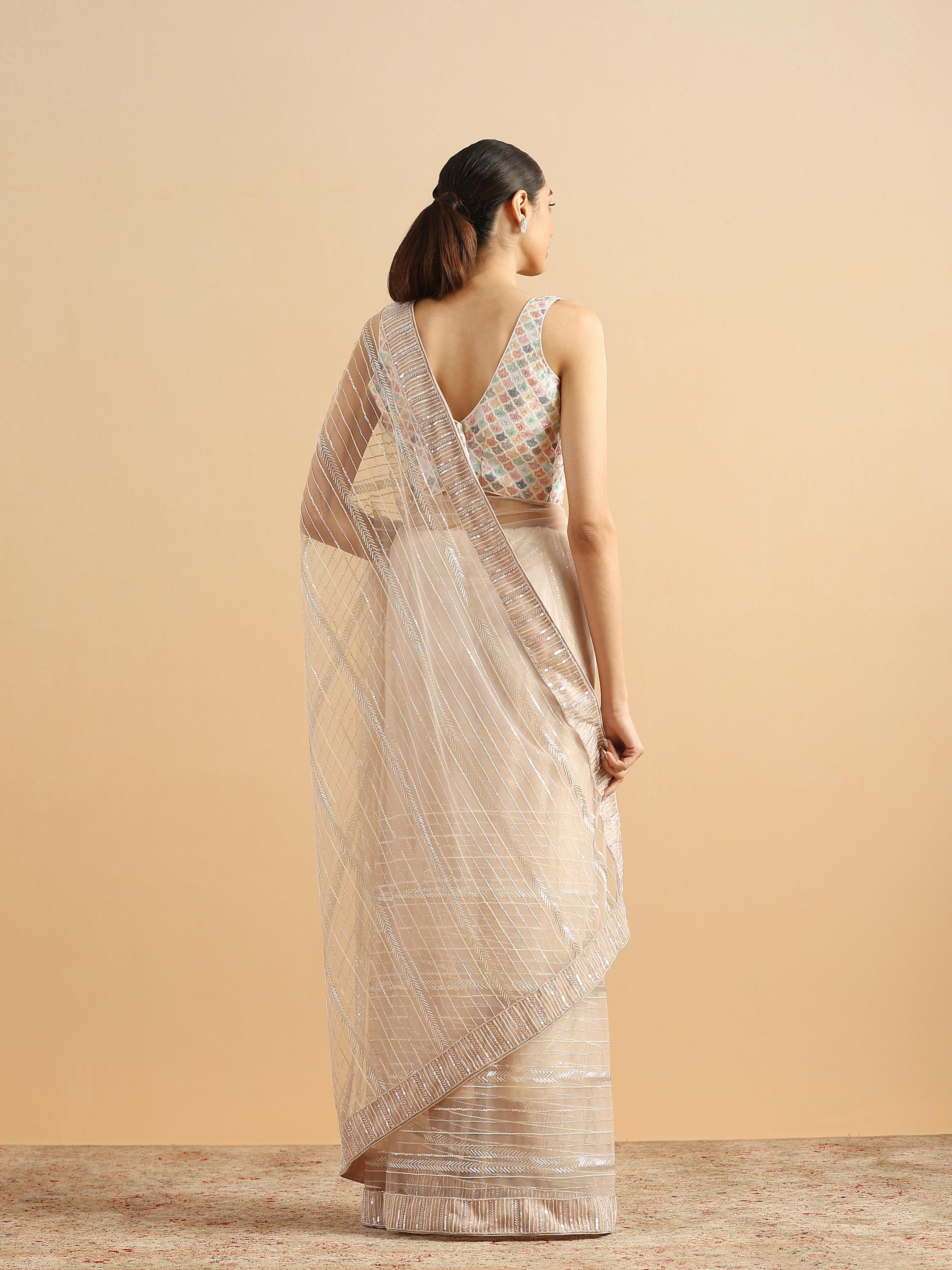 Twamev Women Sequined Shimmery Cream Saree
