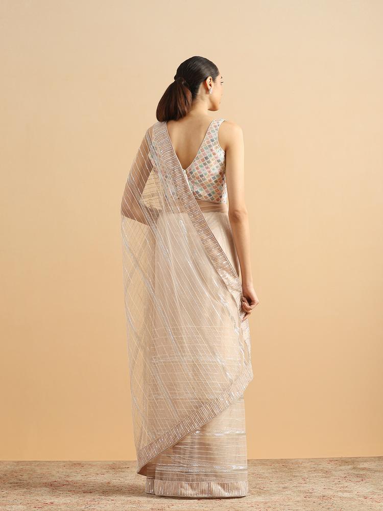 Twamev Women Sequined Shimmery Cream Saree