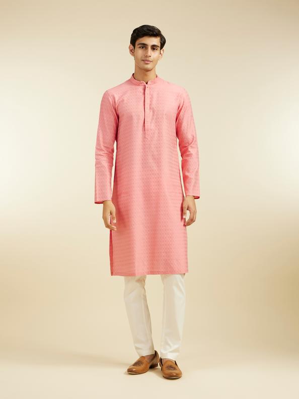 Diwas Men Coral Pink Jaal Patterned Kurta