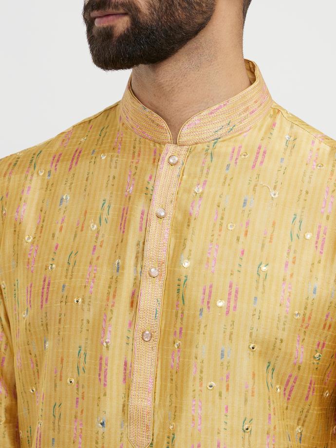 Twamev Men Mustard Yellow Mirror Embellished Kurta Set