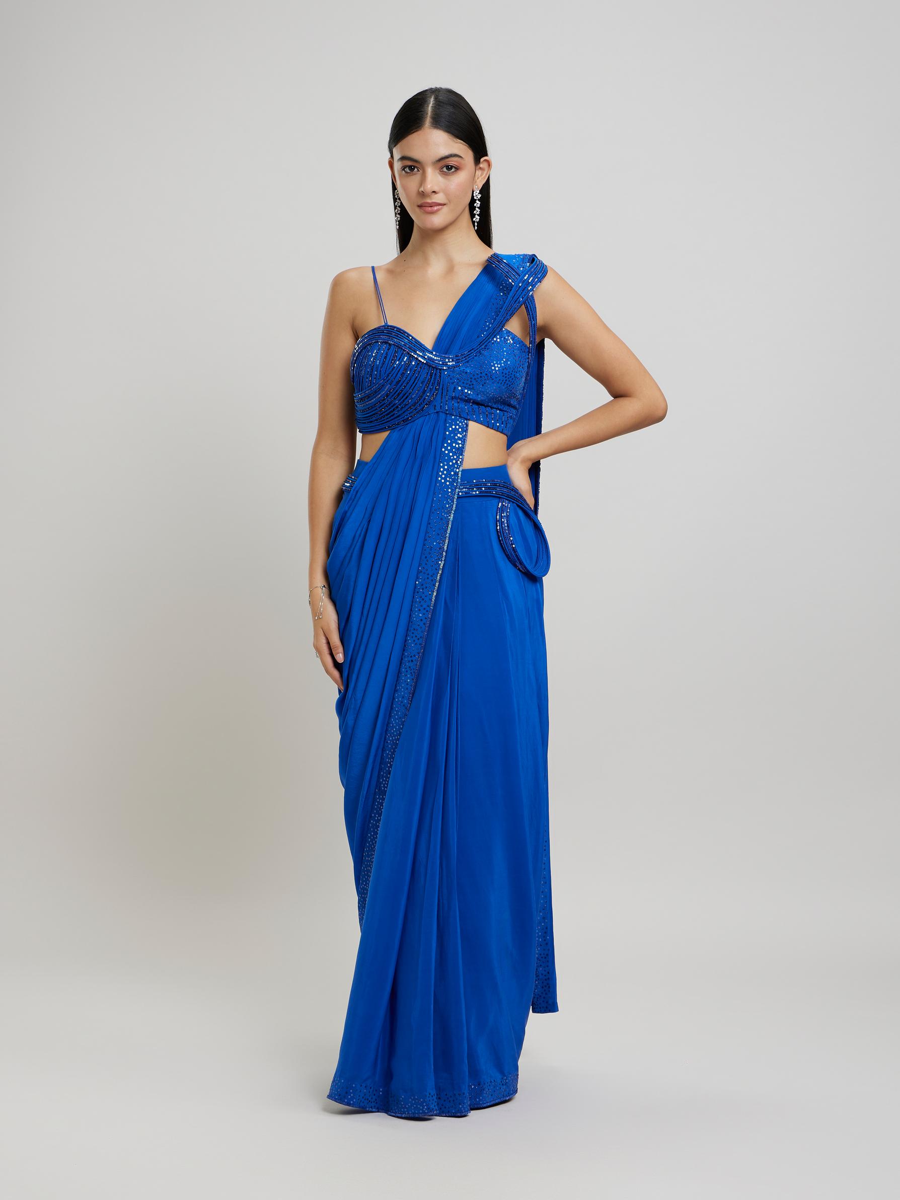 Twamev Women Enchanting Indigo Blue Satin Saree