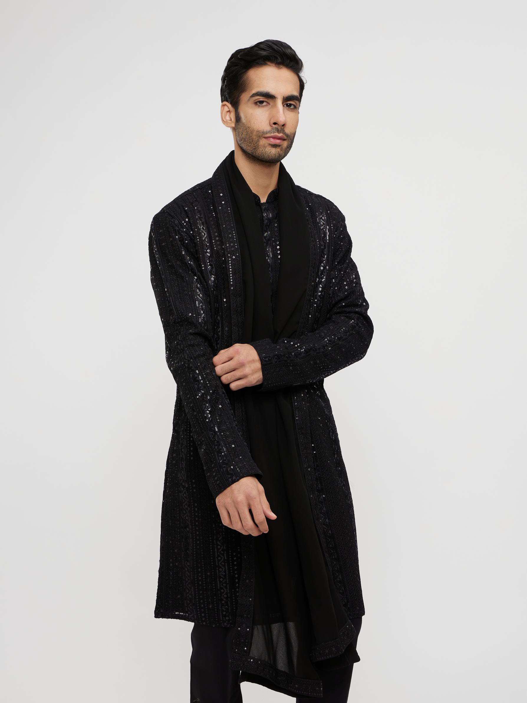 Twamev Men Black Georgette Elegance Kurta Set with Dupatta