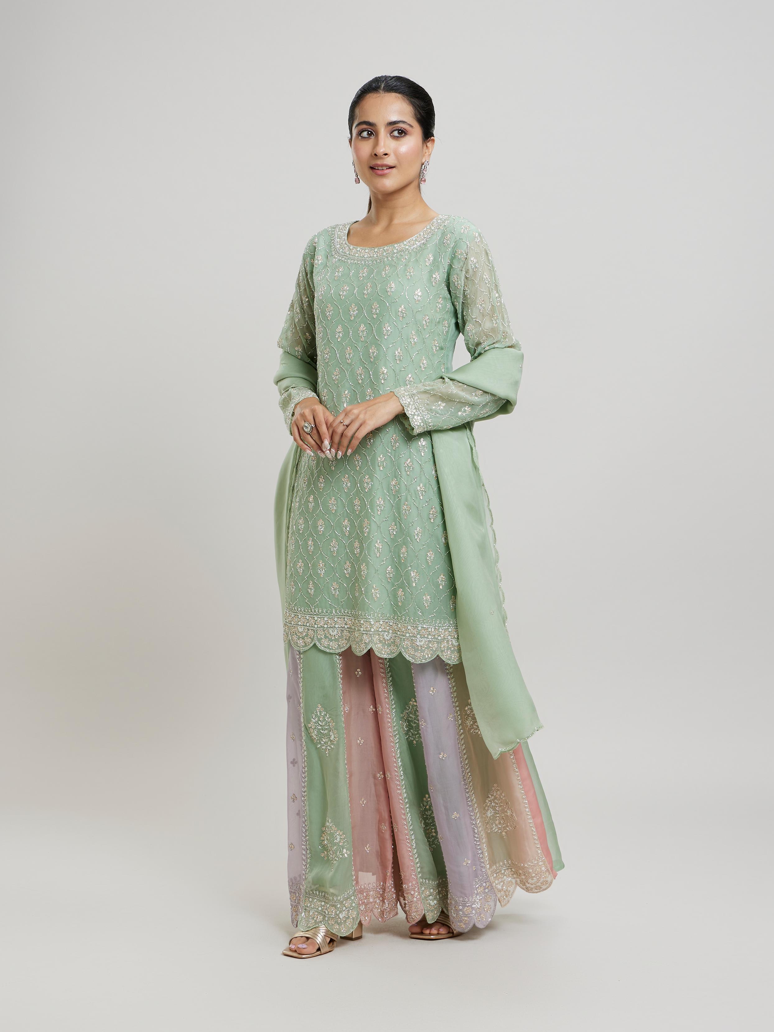 Twamev Women Gracious Pista Green Stitched Suit